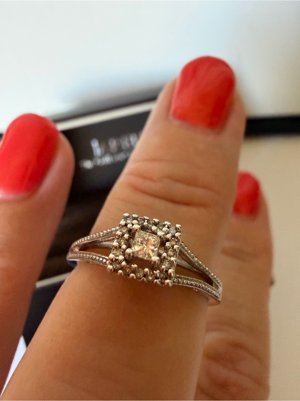10K Solid Gold Princess -Cut Natural Diamonds Halo Ring
